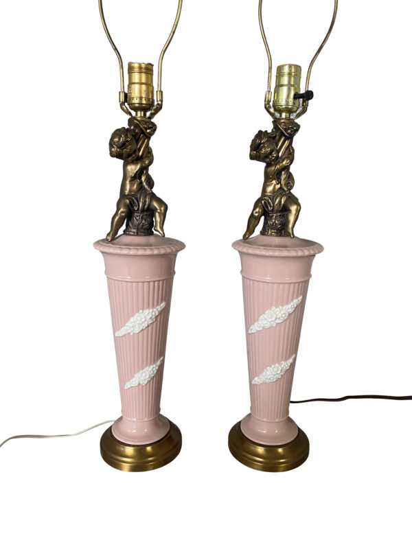 Pink Porcelain Ceramic Cherub Lamp Pair / Hollywood Regency Pink Ceramic
