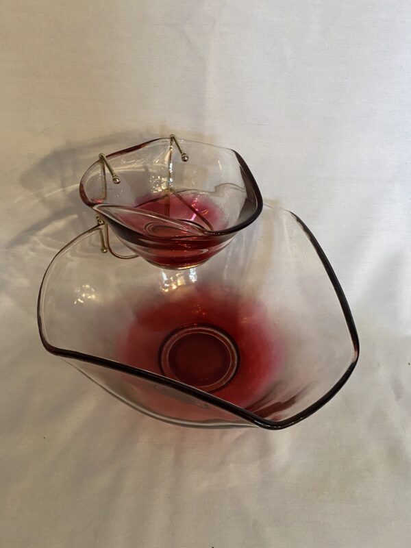 Vintage Cranberry/Ruby Glass Chip And Dip Bowl Set / Indiana Glass