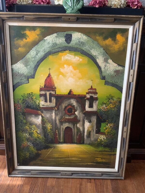 Mid Century Large Oil Painting- Spanish Mission - Image 11