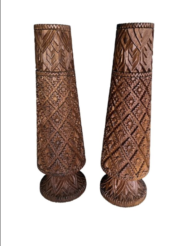 Vintage Hand Carved Teak Wood Vase Pair / Vintage Tiki Wood Craved Vase Set