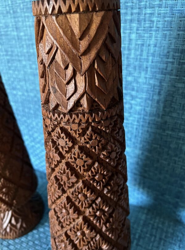 Vintage Hand Carved Teak Wood Vase Pair / Vintage Tiki Wood Craved Vase Set - Image 6