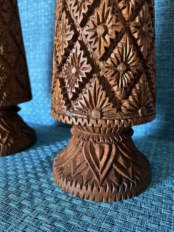 Vintage Hand Carved Teak Wood Vase Pair / Vintage Tiki Wood Craved Vase Set - Image 7