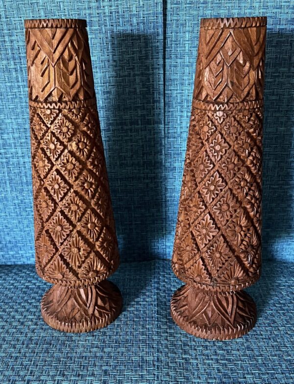Vintage Hand Carved Teak Wood Vase Pair / Vintage Tiki Wood Craved Vase Set - Image 9