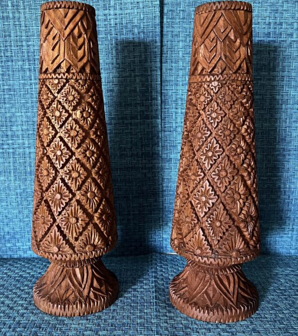 Vintage Hand Carved Teak Wood Vase Pair / Vintage Tiki Wood Craved Vase Set - Image 10