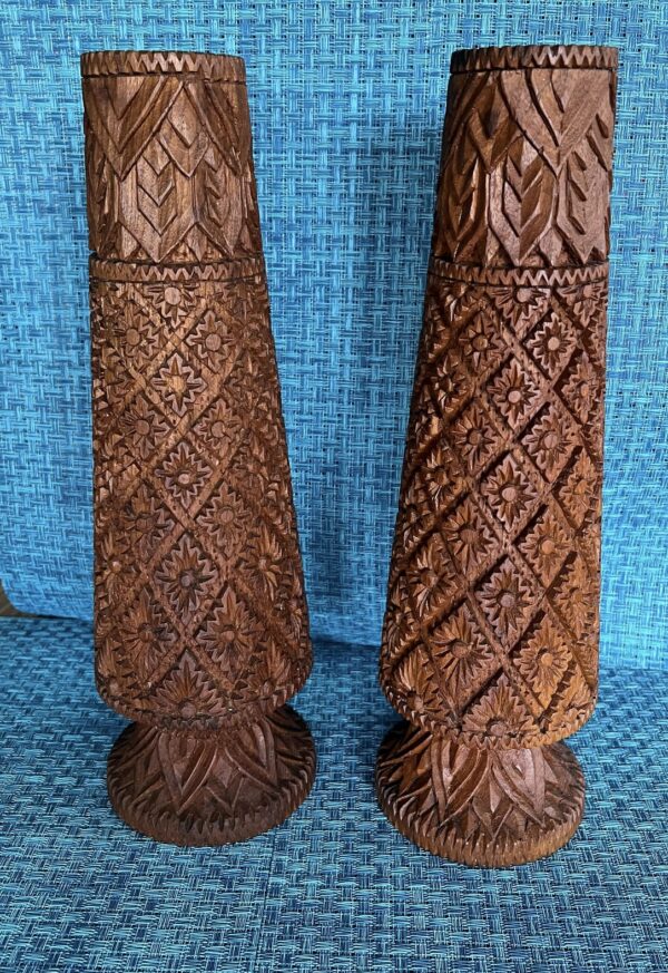 Vintage Hand Carved Teak Wood Vase Pair / Vintage Tiki Wood Craved Vase Set - Image 11