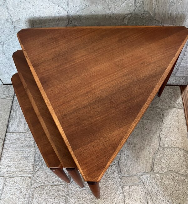 Dux MCM Triangle Teak Nesting Tables/ Mid Century Modern Teak Nesting End Tables - Image 2