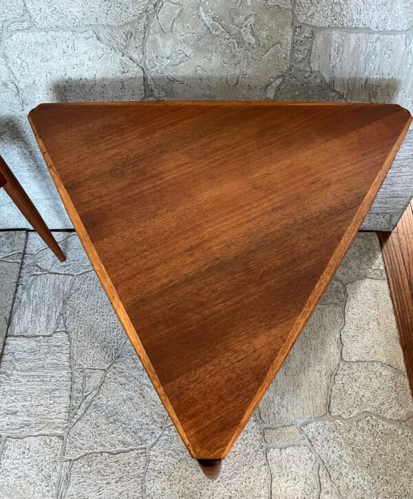Dux MCM Triangle Teak Nesting Tables/ Mid Century Modern Teak Nesting End Tables - Image 12