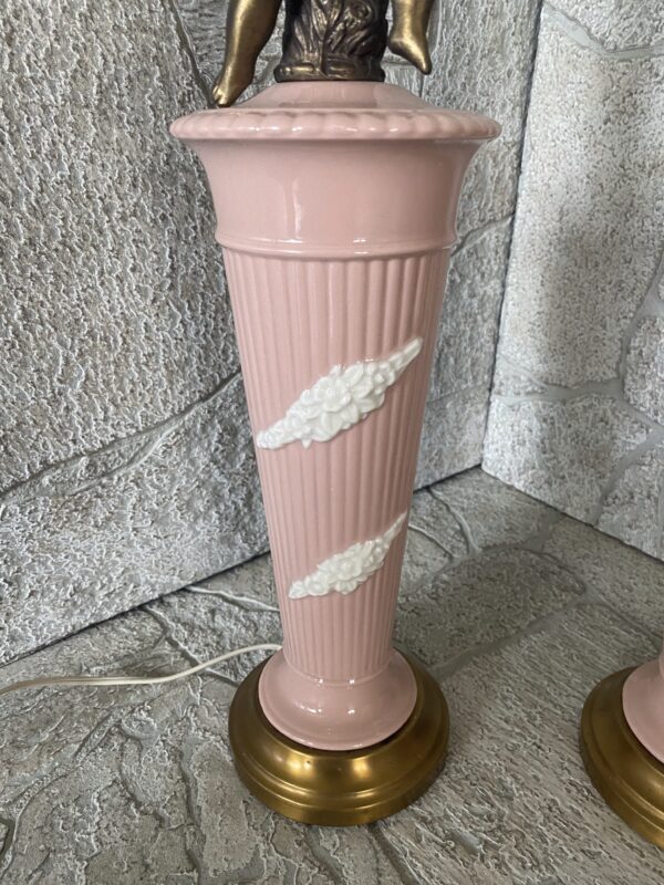 Pink Porcelain Ceramic Cherub Lamp Pair / Hollywood Regency Pink Ceramic - Image 3