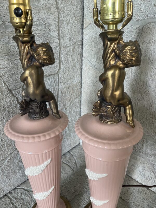 Pink Porcelain Ceramic Cherub Lamp Pair / Hollywood Regency Pink Ceramic - Image 7