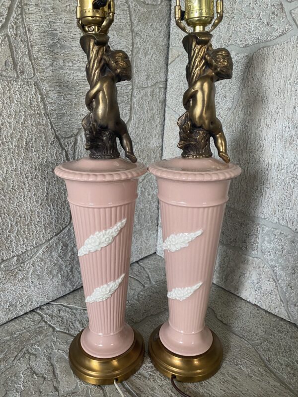 Pink Porcelain Ceramic Cherub Lamp Pair / Hollywood Regency Pink Ceramic - Image 8