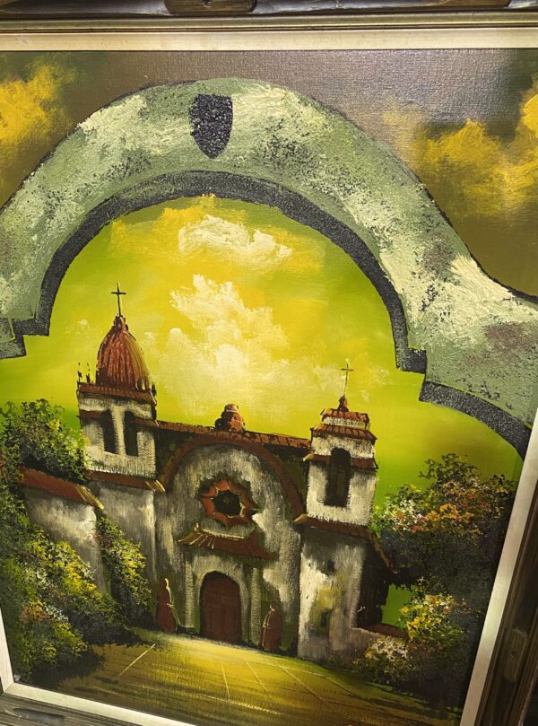 Mid Century Large Oil Painting- Spanish Mission - Image 9