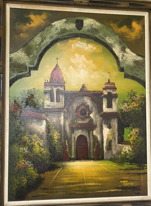 Mid Century Large Oil Painting- Spanish Mission - Image 4