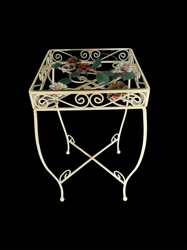 Vintage Italian Tole Side Table / Italian Metal Floral and Leaf Accent Table