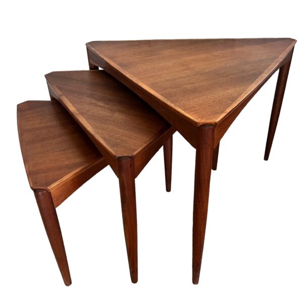 Dux MCM Triangle Teak Nesting Tables/ Mid Century Modern Teak Nesting End Tables