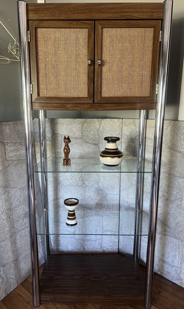 Vintage Mid-Century Modern Etagere with Rattan Cabinet & Glass Shelves / Chrome Frame Display Shelf / MCM Tall Shelf - Image 4