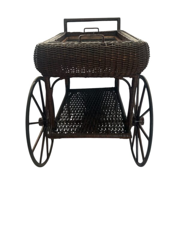 Vintage -Antique Wicker Tea Trolly/Bar Cart with Removable Glass Top Tray - Image 2