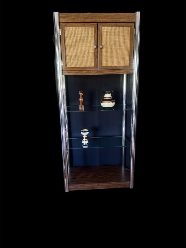 Vintage Mid-Century Modern Etagere with Rattan Cabinet & Glass Shelves / Chrome Frame Display Shelf / MCM Tall Shelf - Image 3