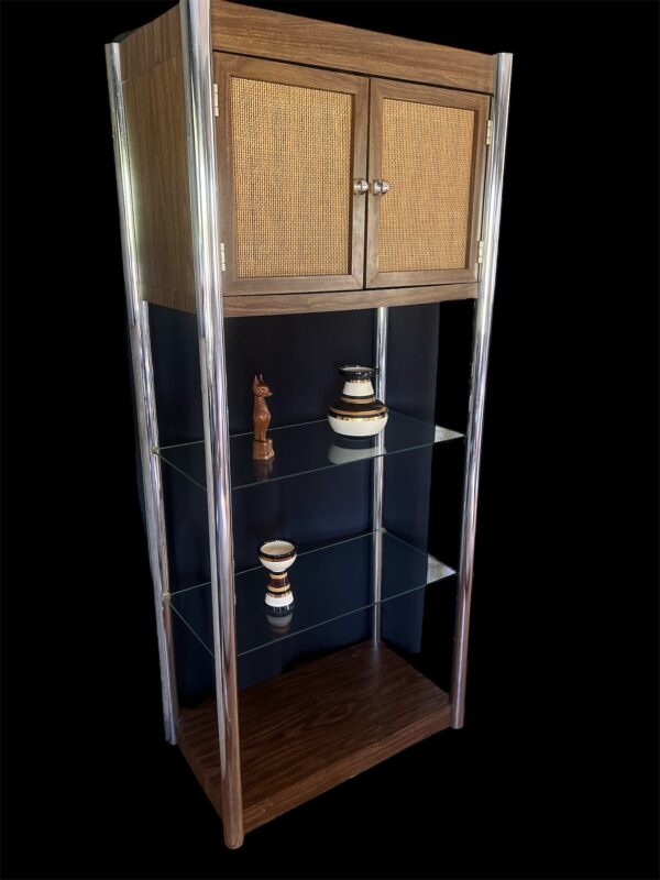 Vintage Mid-Century Modern Etagere with Rattan Cabinet & Glass Shelves / Chrome Frame Display Shelf / MCM Tall Shelf