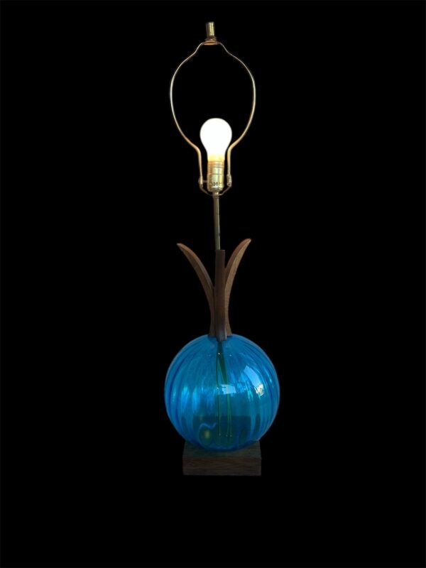 Vintage Blue Glass & Teak Table Lamp – Mid-Century Modern Lighting - Image 5