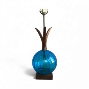 Vintage Blue Glass & Teak Table Lamp – Mid-Century Modern Lighting