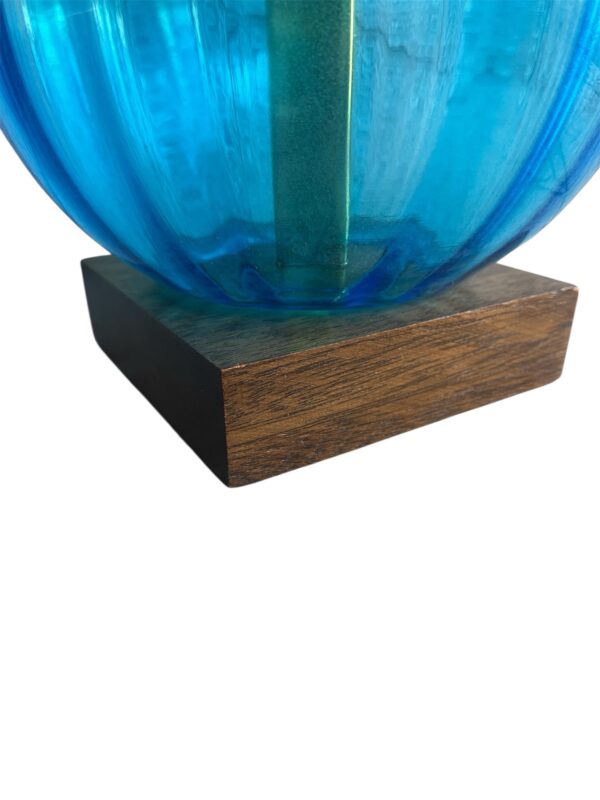 Vintage Blue Glass & Teak Table Lamp – Mid-Century Modern Lighting - Image 3
