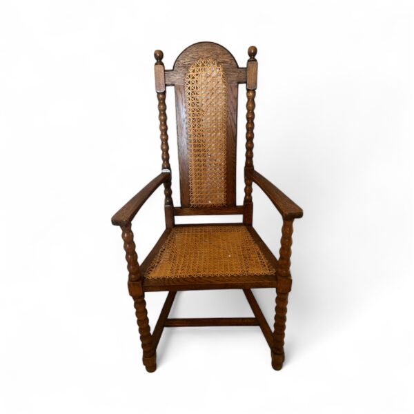 Antique Oak Barley Twist Armchair: Jacobean Revival Cane Chair - Image 3