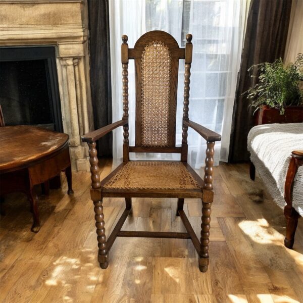 Antique Oak Barley Twist Armchair: Jacobean Revival Cane Chair - Image 11