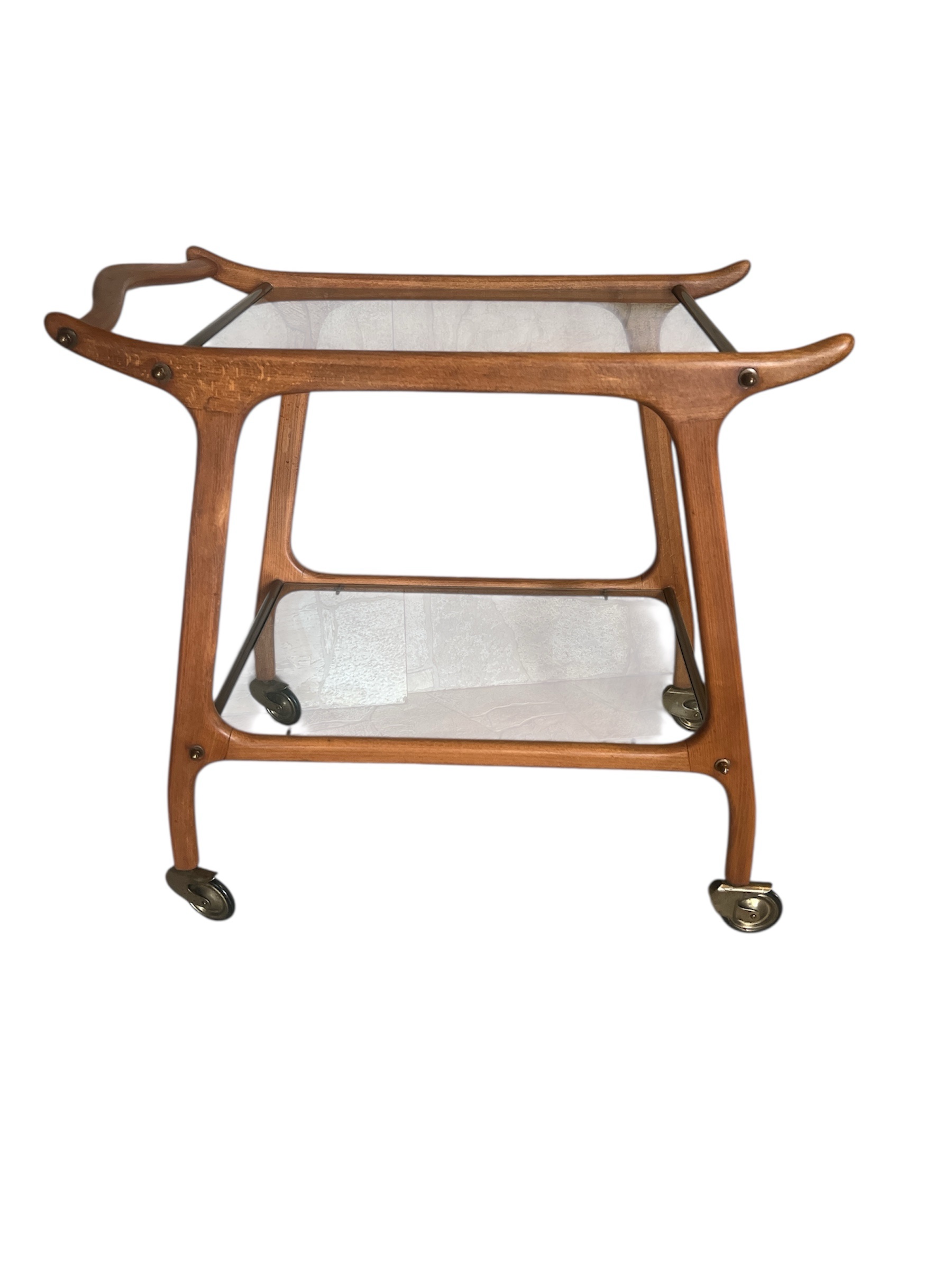 Danish Mid-Century Modern Teak & Glass Bar Cart / Serving Trolley on Brass Casters - Image 2