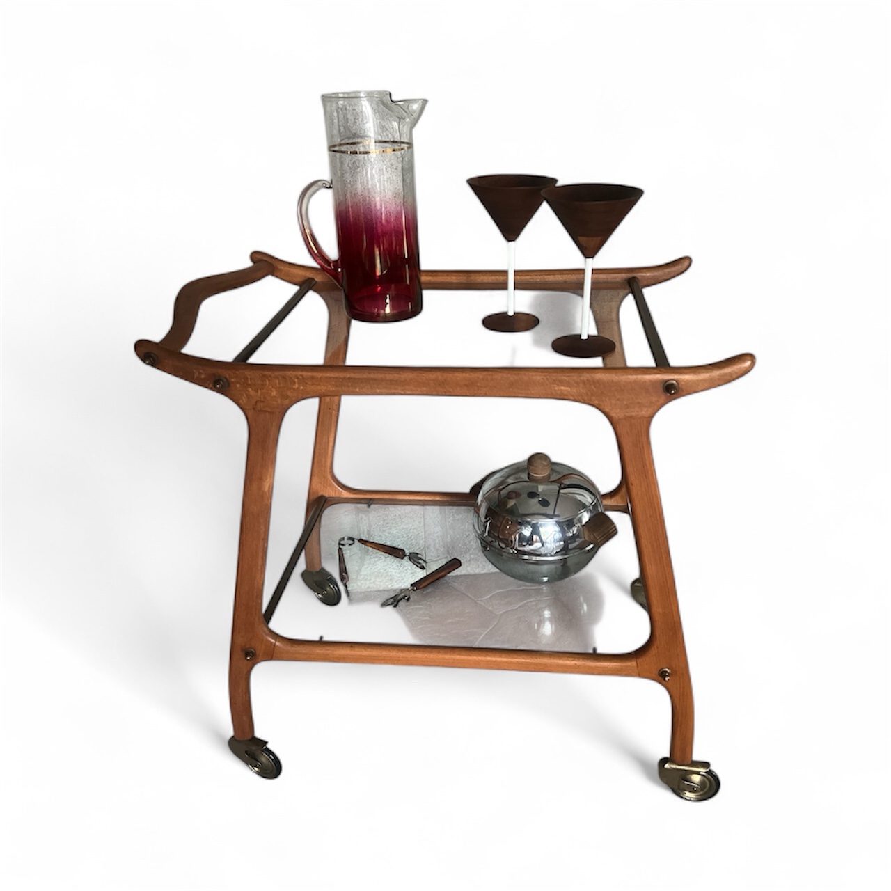 Danish Mid-Century Modern Teak & Glass Bar Cart / Serving Trolley on Brass Casters - Image 3