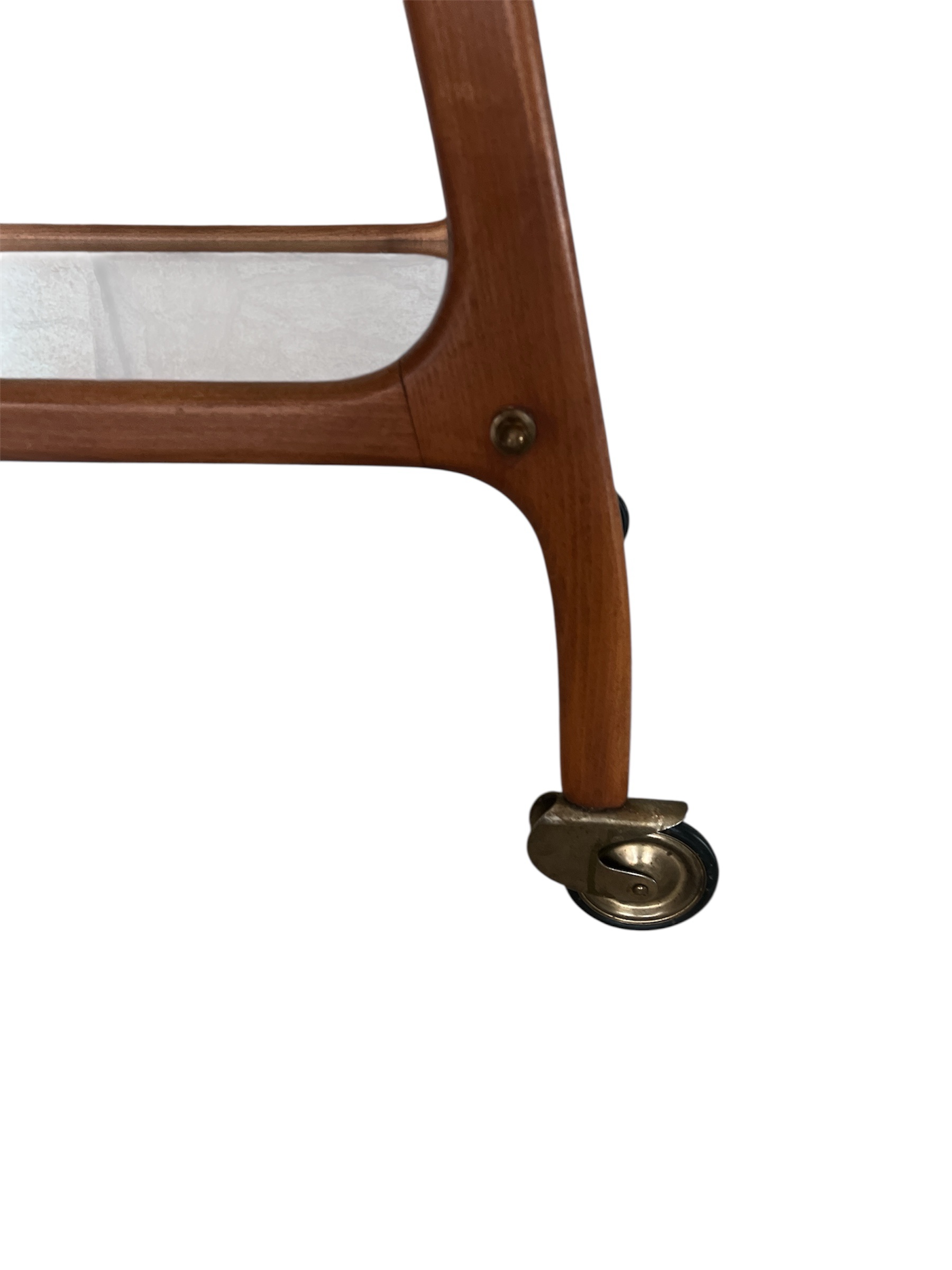 Danish Mid-Century Modern Teak & Glass Bar Cart / Serving Trolley on Brass Casters - Image 7