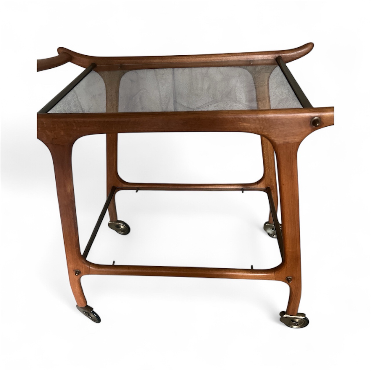Danish Mid-Century Modern Teak & Glass Bar Cart / Serving Trolley on Brass Casters - Image 6