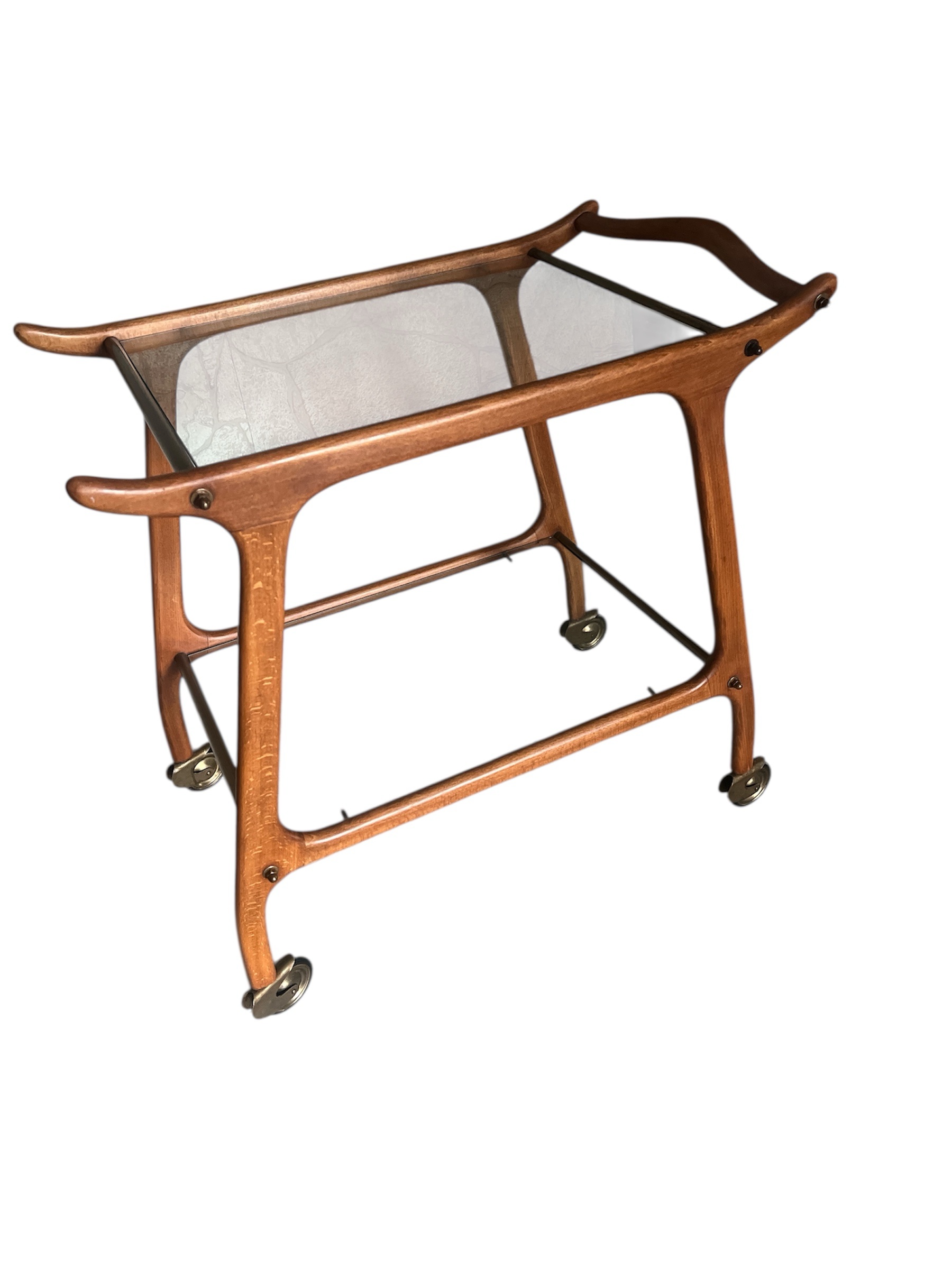 Danish Mid-Century Modern Teak & Glass Bar Cart / Serving Trolley on Brass Casters