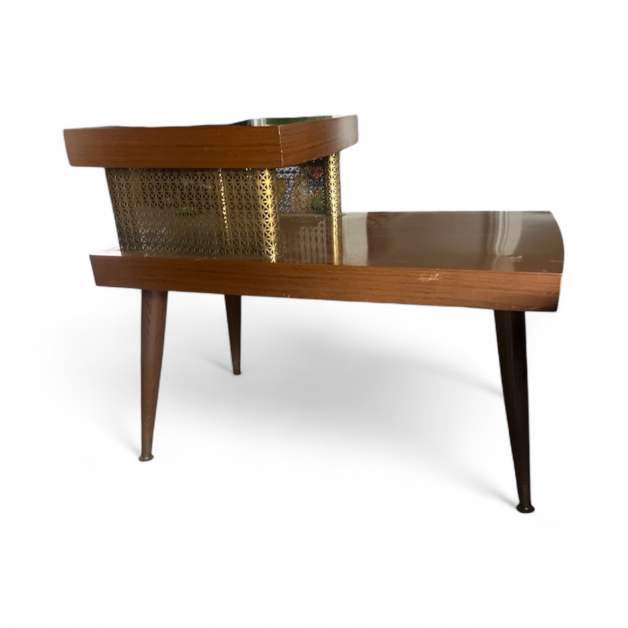 Mid Century Modern Two Tier End Table | Atomic Walnut and Brass Side Table | 1950s Formica Top Accent Table - Image 10