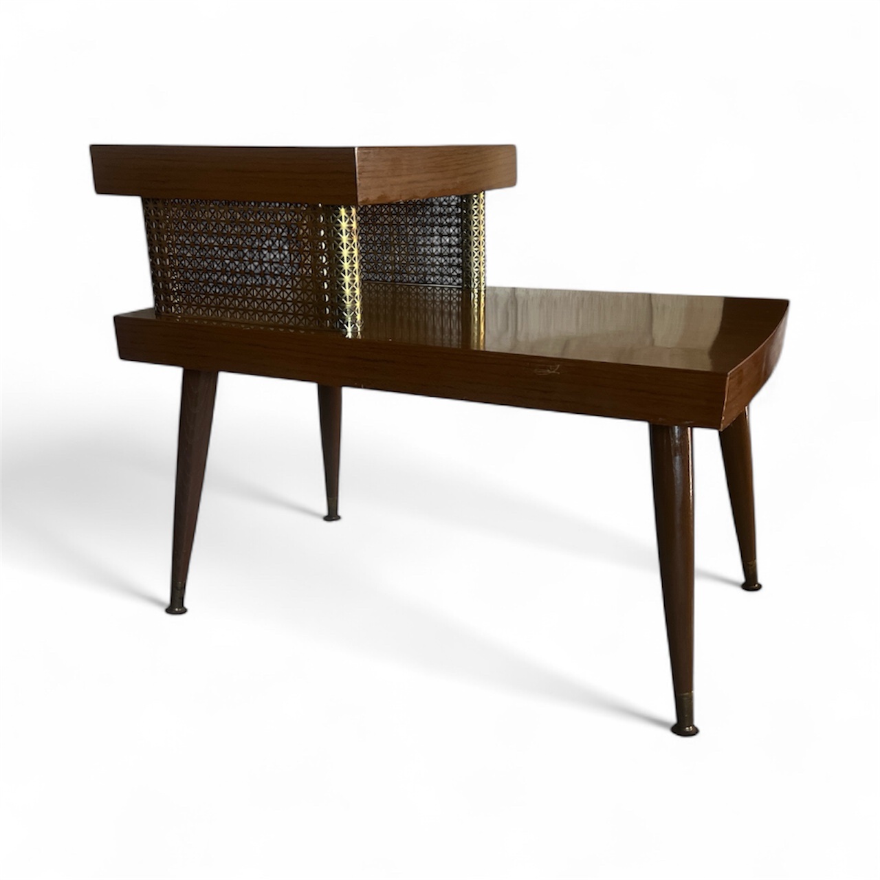 Mid Century Modern Two Tier End Table | Atomic Walnut and Brass Side Table | 1950s Formica Top Accent Table - Image 9