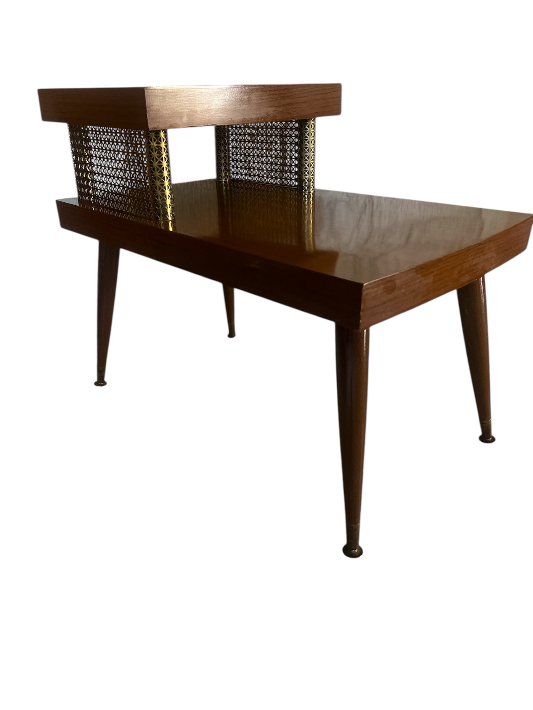 Mid Century Modern Two Tier End Table | Atomic Walnut and Brass Side Table | 1950s Formica Top Accent Table - Image 7