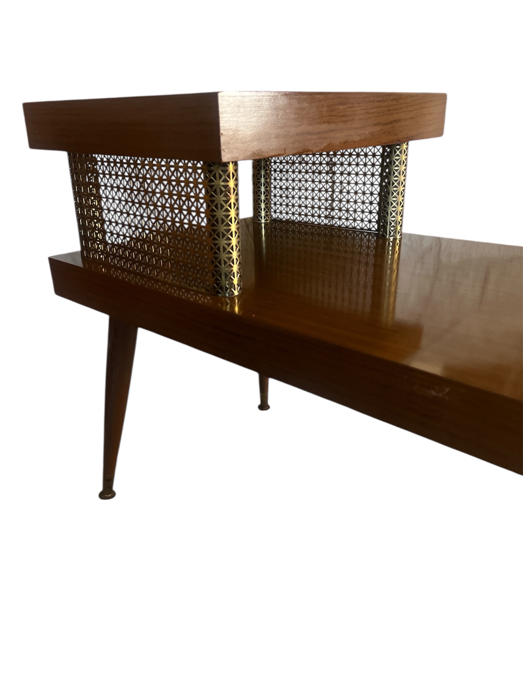 Mid Century Modern Two Tier End Table | Atomic Walnut and Brass Side Table | 1950s Formica Top Accent Table - Image 6