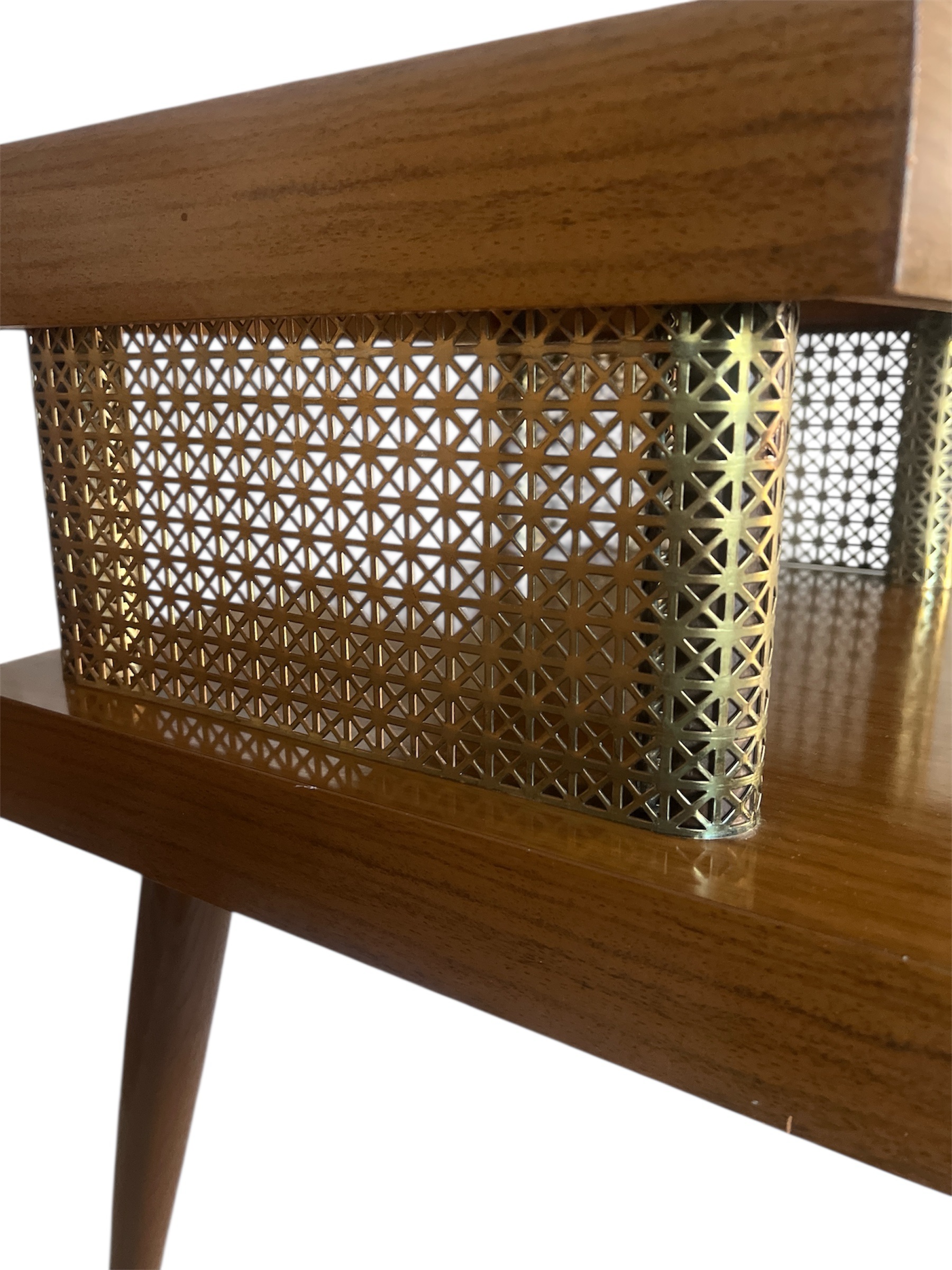 Mid Century Modern Two Tier End Table | Atomic Walnut and Brass Side Table | 1950s Formica Top Accent Table - Image 5