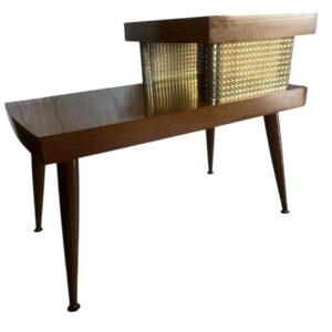 Mid Century Modern Two Tier End Table | Atomic Walnut and Brass Side Table | 1950s Formica Top Accent Table
