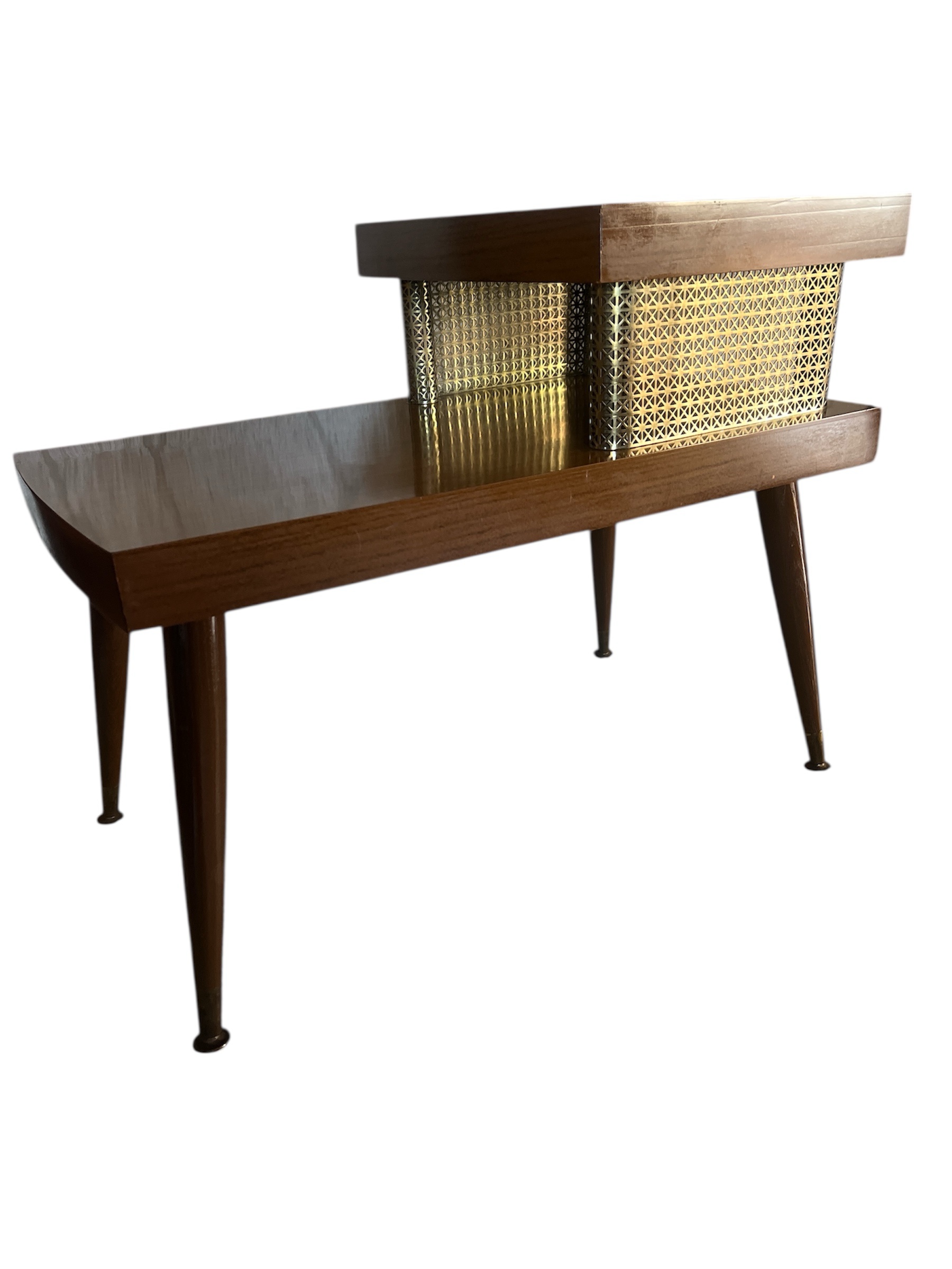 Mid Century Modern Two Tier End Table | Atomic Walnut and Brass Side Table | 1950s Formica Top Accent Table