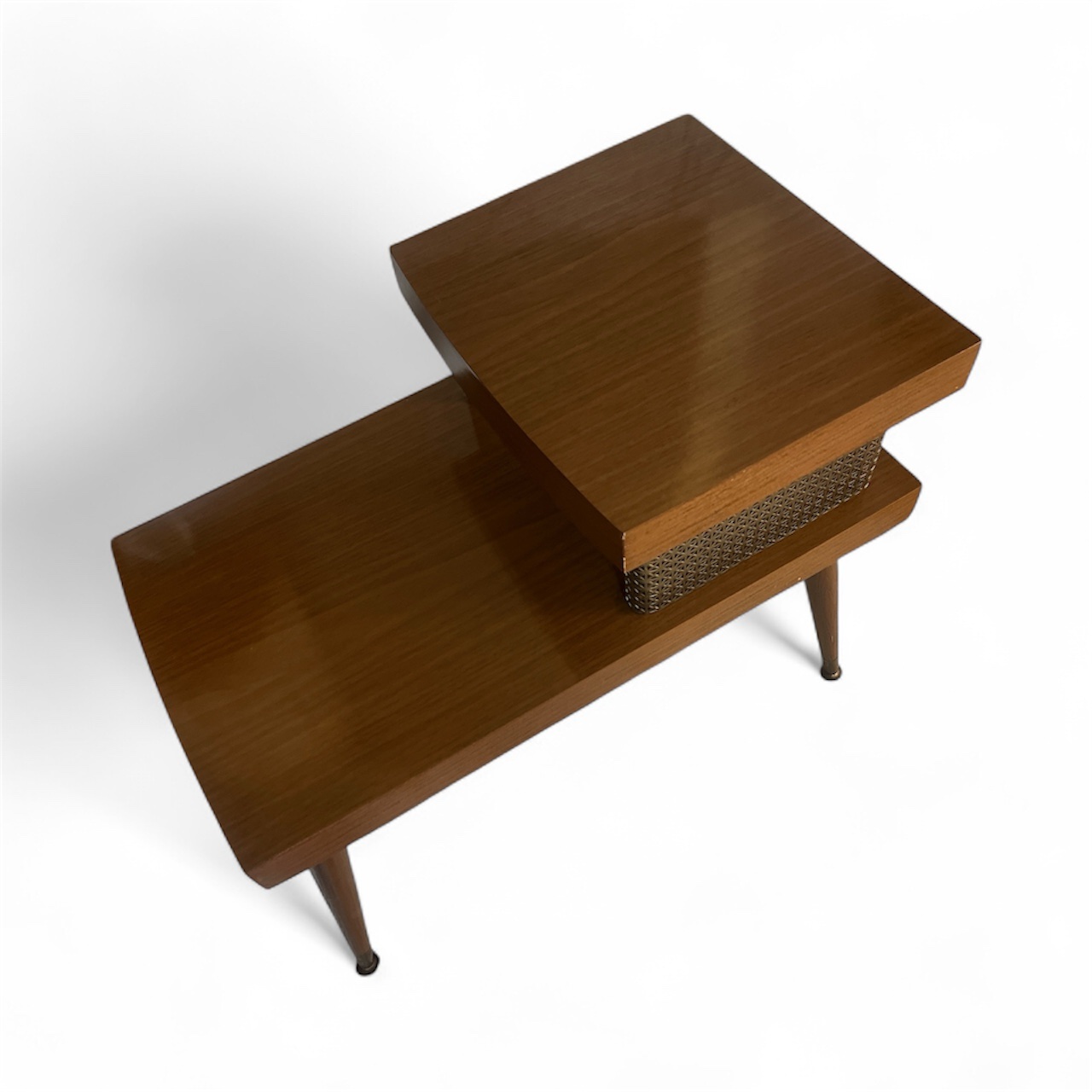 Mid Century Modern Two Tier End Table | Atomic Walnut and Brass Side Table | 1950s Formica Top Accent Table - Image 2