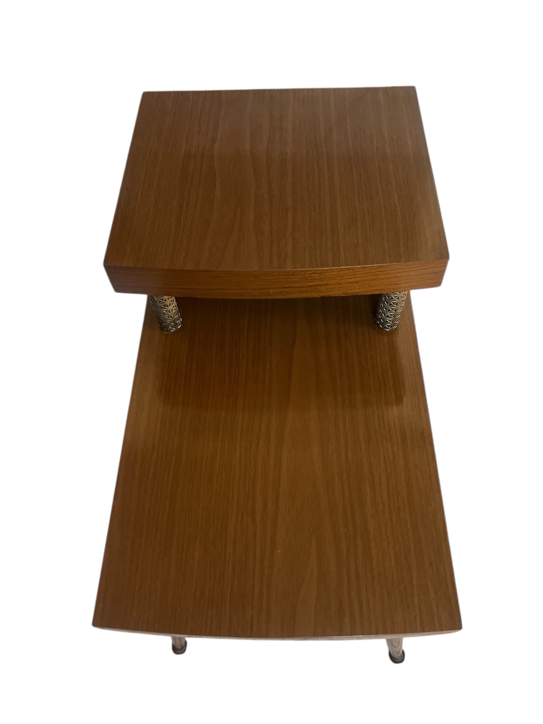 Mid Century Modern Two Tier End Table | Atomic Walnut and Brass Side Table | 1950s Formica Top Accent Table - Image 3