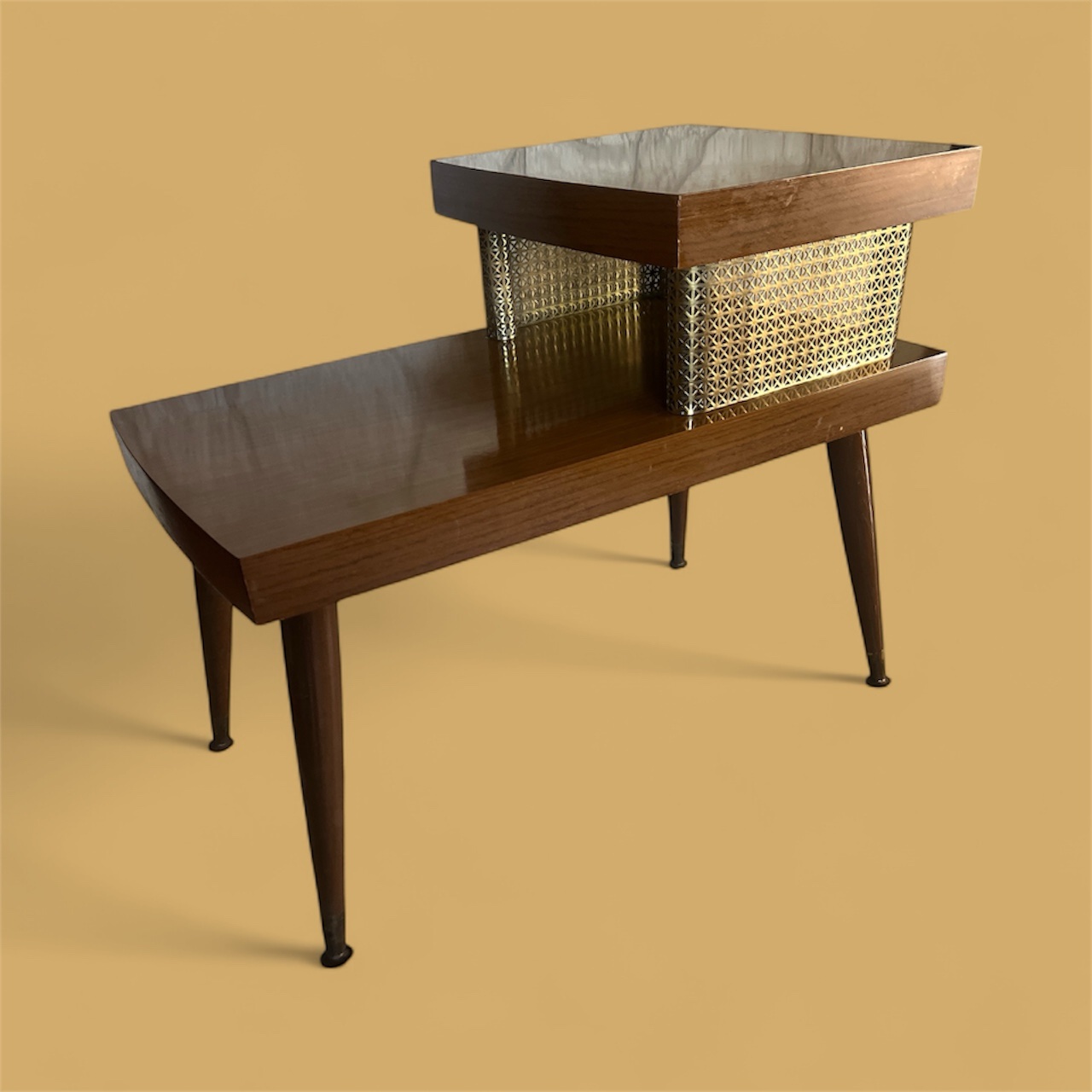 Mid Century Modern Two Tier End Table | Atomic Walnut and Brass Side Table | 1950s Formica Top Accent Table - Image 4