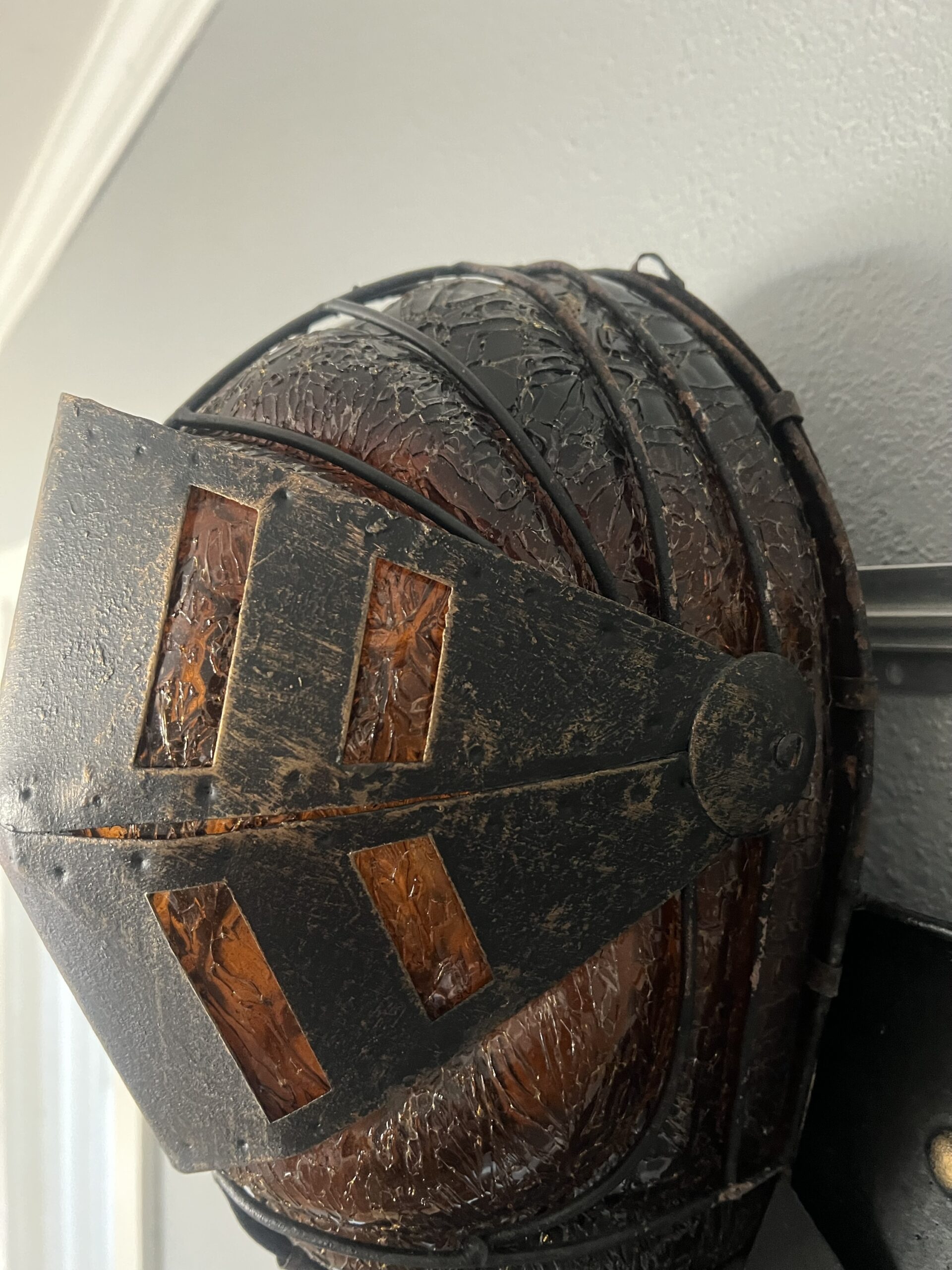 Vintage Medieval Knight Wall Display with Amber Glass Helmet - Image 7