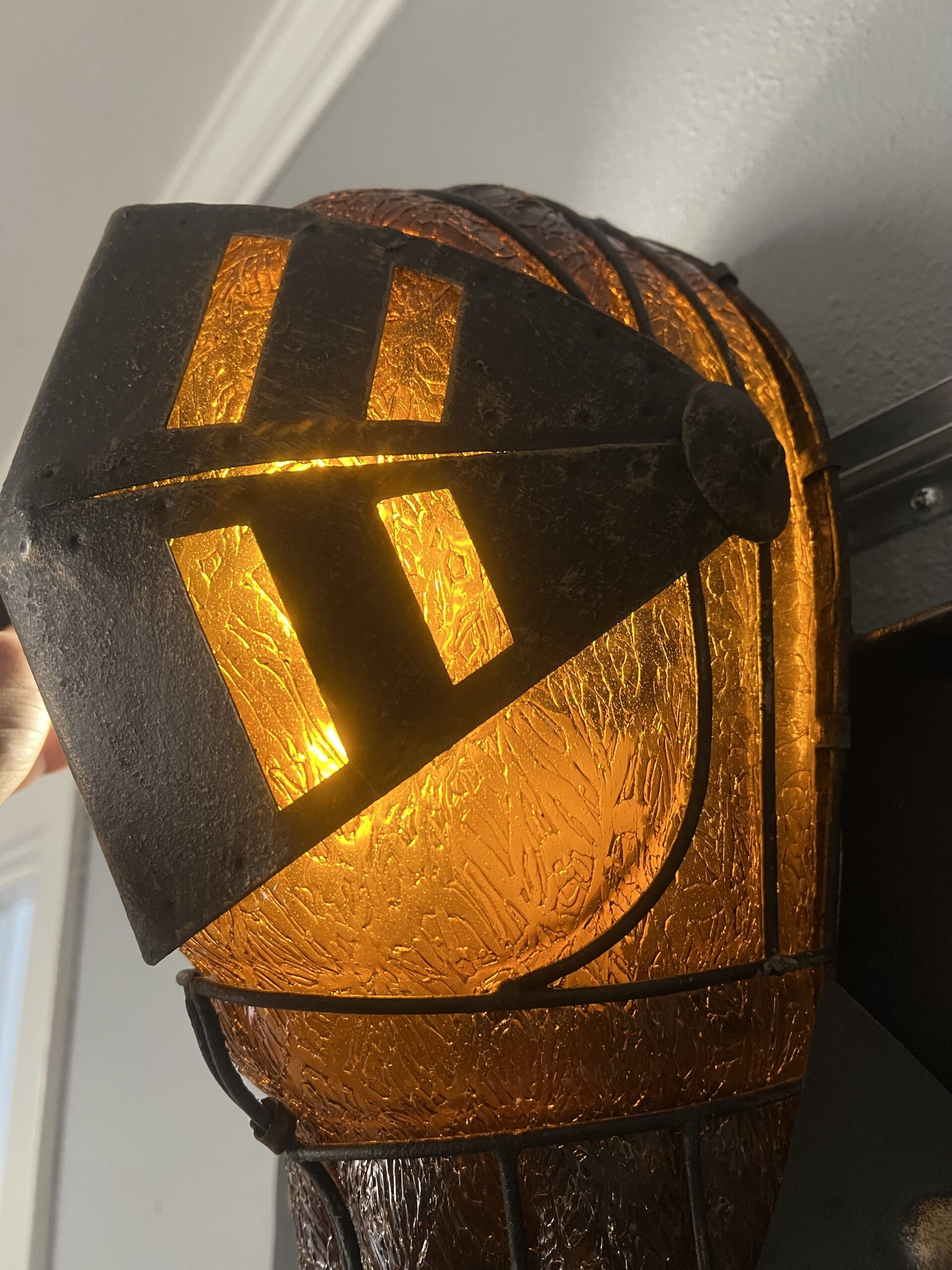 Vintage Medieval Knight Wall Display with Amber Glass Helmet - Image 6