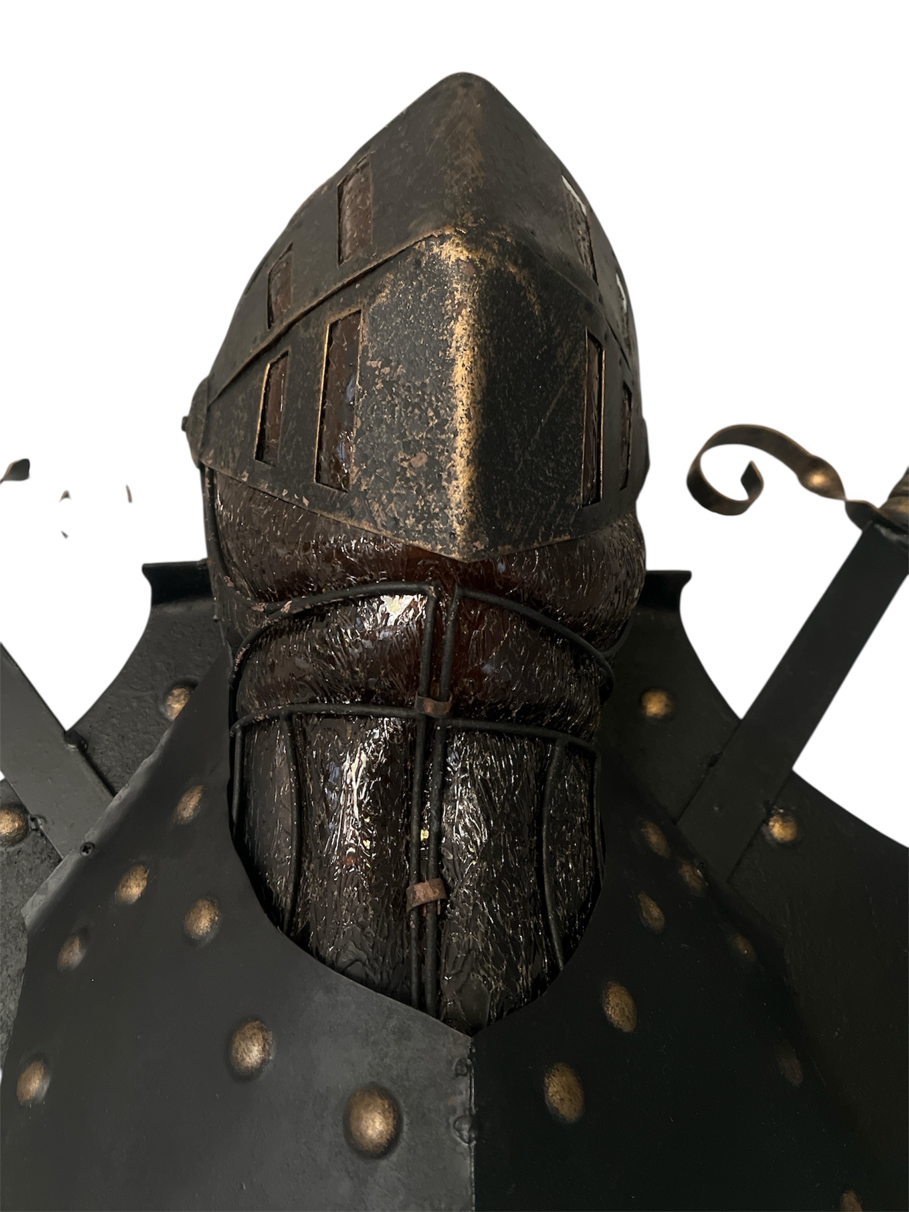 Vintage Medieval Knight Wall Display with Amber Glass Helmet - Image 3