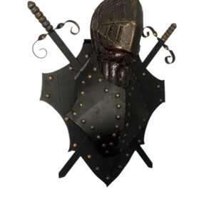 Vintage Medieval Knight Wall Display with Amber Glass Helmet