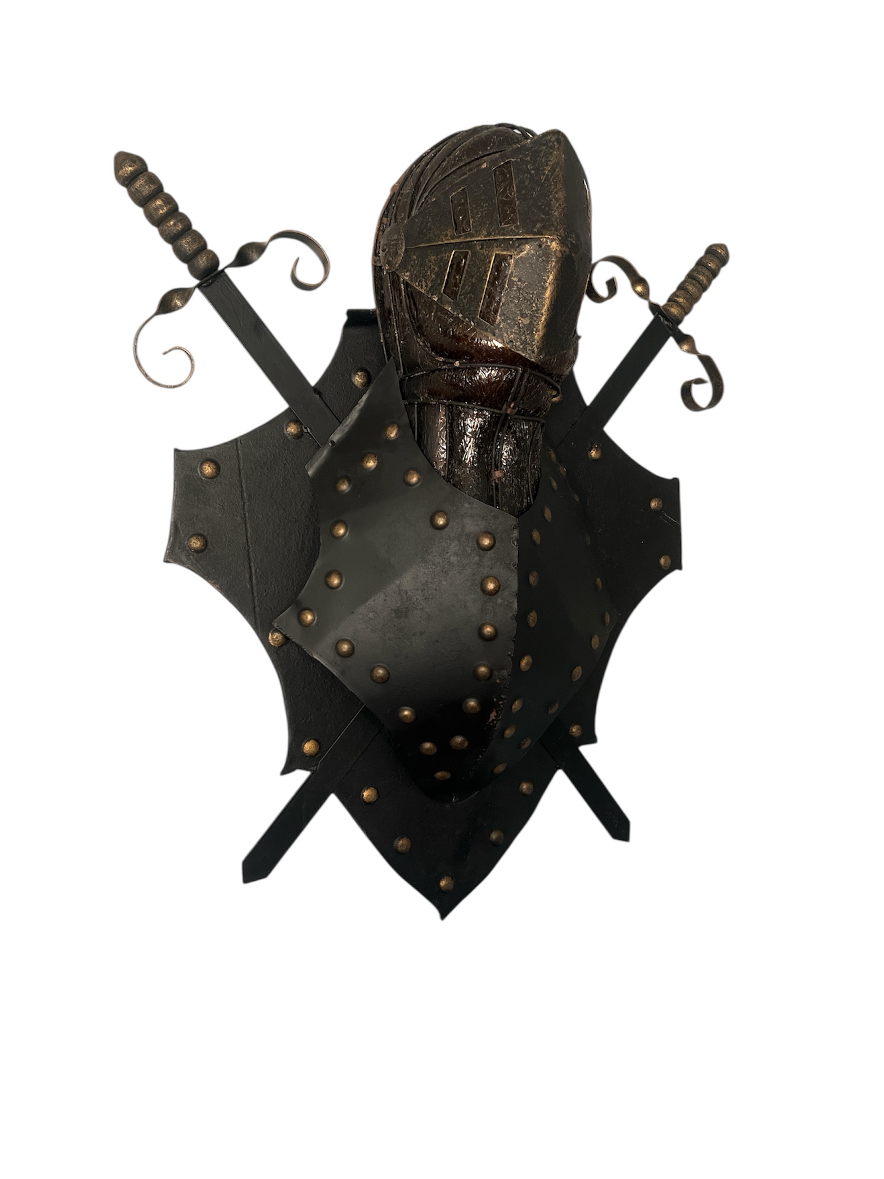 Vintage Medieval Knight Wall Display with Amber Glass Helmet